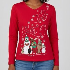 Sophia & Jayne Bright Red Christmas Shirt Shimmer Embellished Embroidered Size M